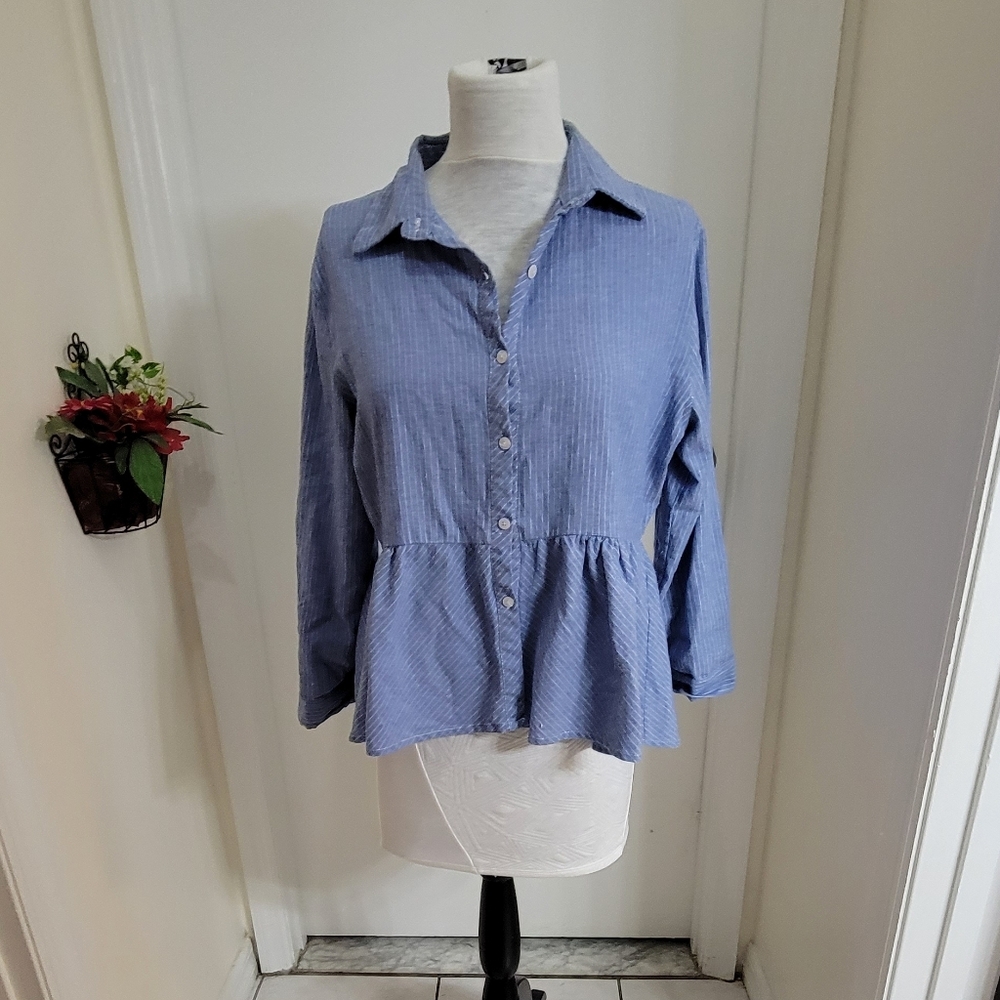 Love Notes Collared Stripes Button Down Peplum To… - image 1